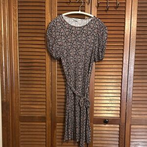 Boden Black & Pink Floral A-Line Midi Dress w/ Puff Sleeves | US 6